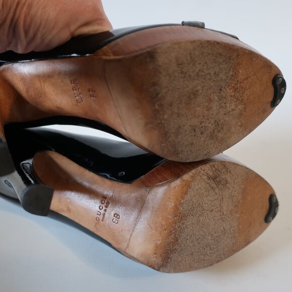 Women Gucci Black Patent Leather Horsebit Peep Toe Platform Heels 6 - Picture 12 of 16